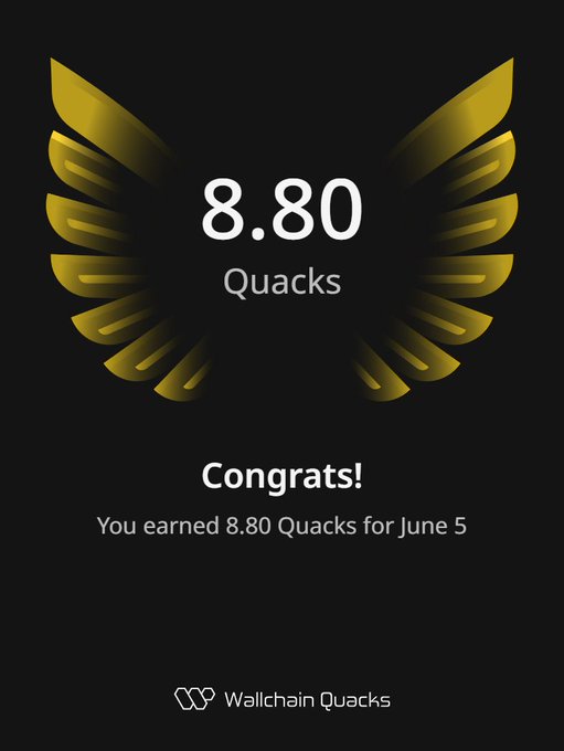The image features a poster with an illustration of a bird's wing, which has the number "8.80" written on it. The text below the bird's wing reads "Congratulations! You earned 8.80 Quacks for June 5". This suggests that the person who earned these Quacks is now being rewarded with them as a form of appreciation or achievement.