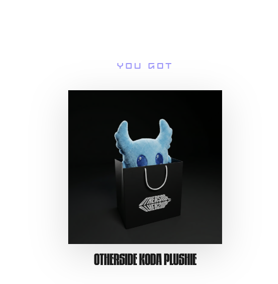 The image features a black bag with a blue stuffed animal inside, which appears to be a koda plushie. The text "You Got Your KODA Plushies!" is written above the image, indicating that someone has purchased these items from the seller.