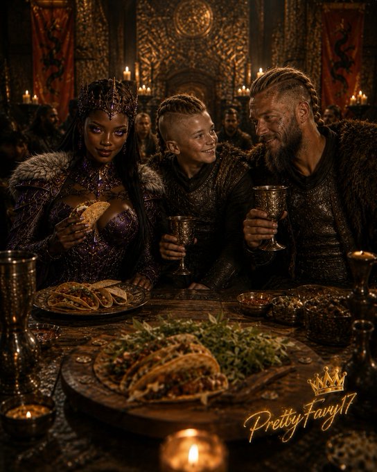 Three people in medieval-style attire sit at a banquet table in a dimly lit, candle-adorned hall, holding metal goblets, as tacos are placed before them with a "PrettyFayy11" logo and gold crown in the bottom right corner.