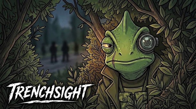 A stylized illustration for 'TRENCHSIGHT' showing a green reptilian humanoid with a monocle-like eyepiece hiding in foliage, observing silhouetted figures in the distance.