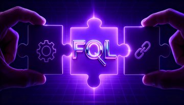 Two hands hold up glowing purple neon puzzle pieces against a dark background, with the central piece displaying the text "FQL" alongside gear and link icons, symbolizing the platform's role in connecting and building upon Hyperliquid HIP-3's record $475B trading volume growth.