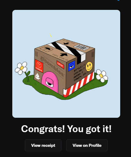 A Bloombies app screen displays a cartoon cardboard box with the message 'Congrats! You got it!' along with 'View receipt' and 'View on Profile' buttons.