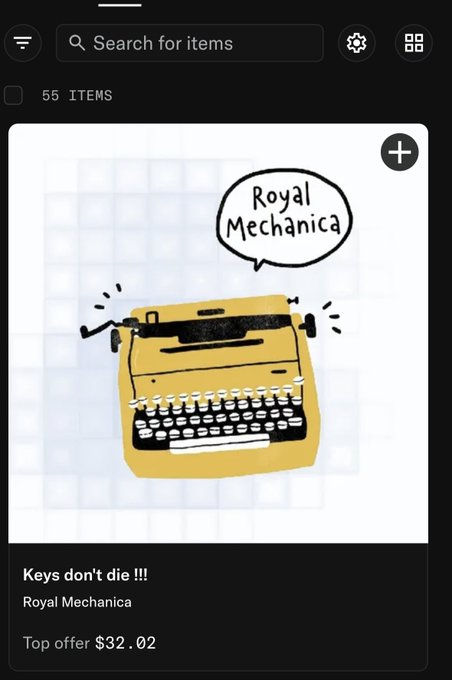 A mobile app screenshot of a marketplace listing for 'Royal Mechanica' featuring a cartoon yellow typewriter illustration with a speech bubble saying 'Royal Mechanica,' a description 'Keys don't die !!!', and a top offer of $32.02 out of 55 items.