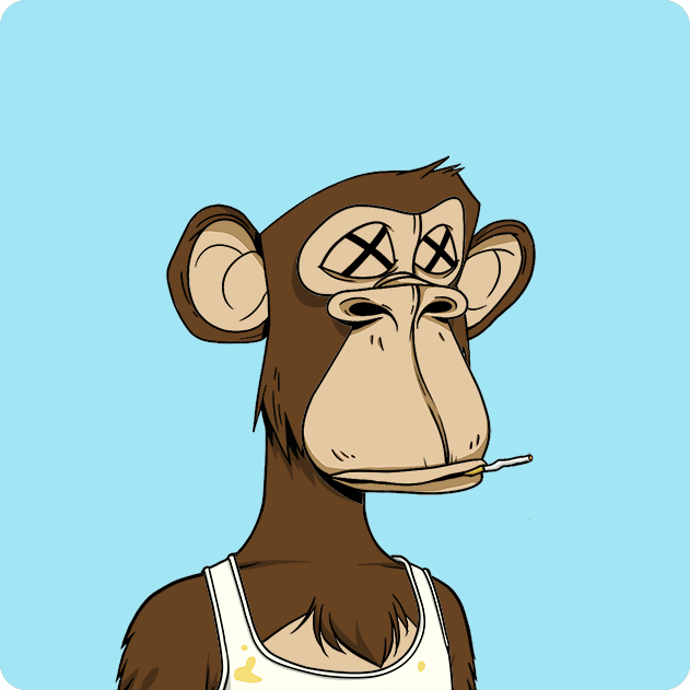 An illustration of a cartoon Bored Ape-style monkey with X-shaped eyes wearing a white tank top, holding a cigarette in its mouth against a light blue background.