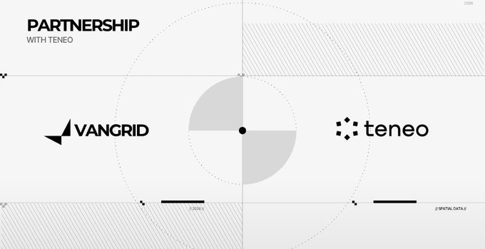 Graphic announcing a partnership between Vangrid and Teneo, displaying both company logos with a circular design and the text 'PARTNERSHIP WITH TENEO'.
