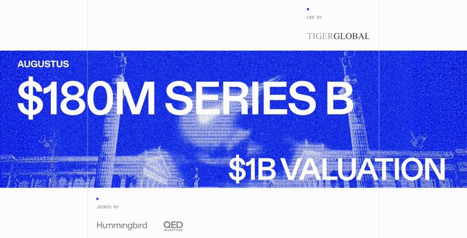 A bold blue and white graphic announces Augustus's $180M Series B funding round at a $1B valuation, led by Tiger Global with participation from Hummingbird and QED Investors. The image visually reinforces the announcement of major institutional backing for the blockchain-based banking platform.