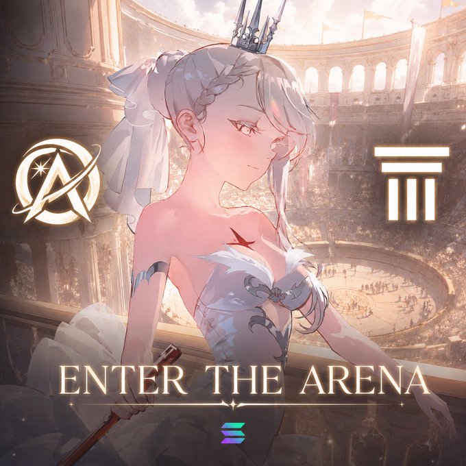 The image features an anime-style silver-haired queen wearing a crown and elegant white dress, standing before a grand coliseum, with the text "ENTER THE ARENA," the One Arena logo, and a Roman temple icon—visually echoing the project's name and its Colosseum backing after the Solana Frontier Hackathon selection.