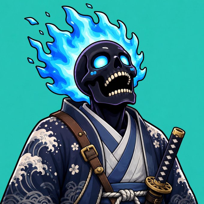 A digital illustration depicts a samurai-style skeleton with glowing blue eyes and blue flame hair, wearing a traditional kimono and holding a katana sword against a teal background.