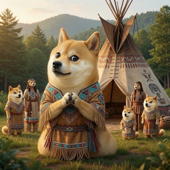 AI-generated image of Shiba Inu dogs and a person dressed in Native American-style fringed clothing standing in front of a tipi in a forest setting.