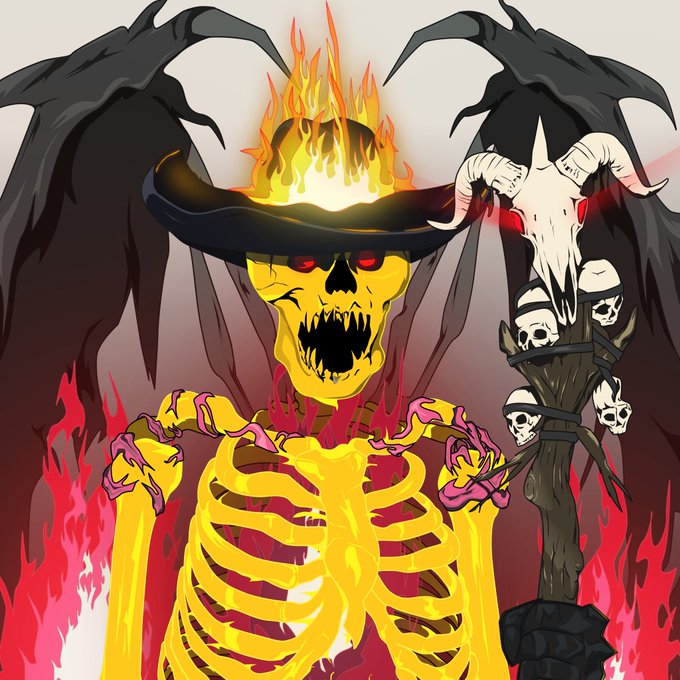 An illustrated demonic skeleton figure with black horns, flaming red eyes, and a fiery crown, holding a staff topped with a goat skull and smaller skulls, surrounded by flames.