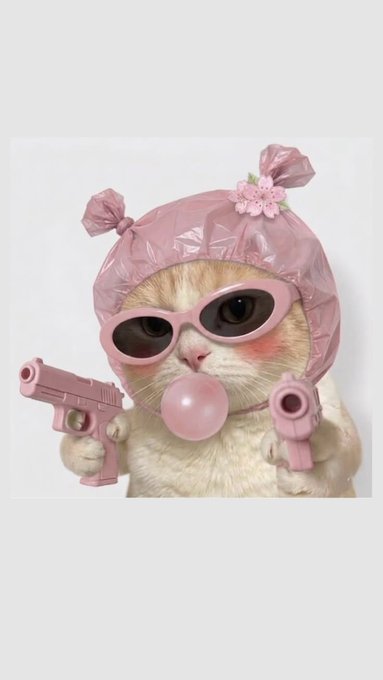 A whimsical image of an orange and white cat wearing a pink plastic cap, pink sunglasses, and holding two small pink toy guns while blowing a pink bubblegum bubble.
