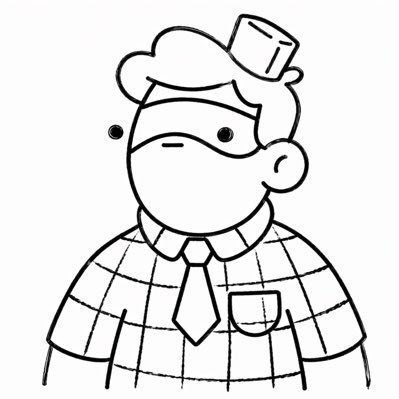 A black-and-white cartoon illustration of a person wearing a small pillbox hat, a face mask, and a checkered shirt with a tie.