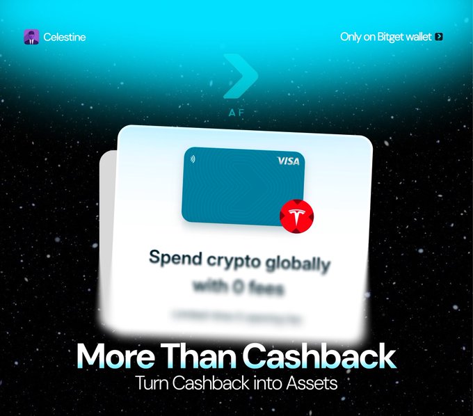 A digital advertisement for Celestine featuring a Visa card, with text reading 'Celestine', 'Only on Bitget wallet', 'Spend crypto globally with 0 fees', and 'More Than Cashback - Turn Cashback into Assets.'