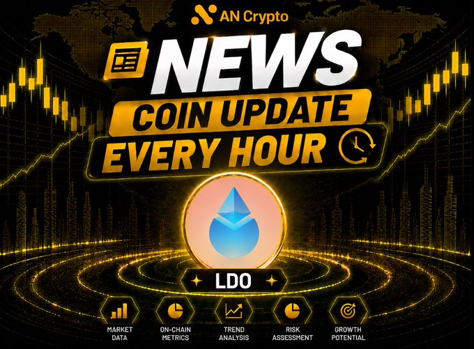 A graphic from AN Crypto displays 'NEWS COIN UPDATE EVERY HOUR' featuring the LDO (Lido DAO) token logo, with categories for Market Data, On-Chain Metrics, Trend Analysis, Risk Assessment, and Growth Potential.