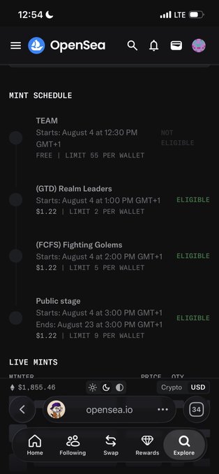 A screenshot of the OpenSea app showing a mint schedule for TEAM, (GTD) Realm Leaders, (FCFS) Fighting Golems, and Public stage, with the Public stage marked as eligible.