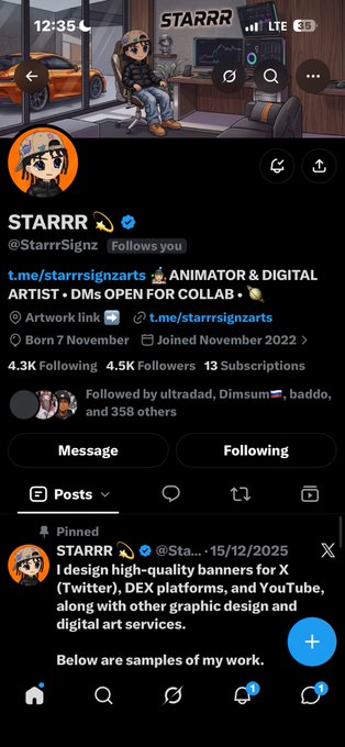 A Twitter/X profile page for a user named 'STARRRR' (@StarrrSignz), an animator and digital artist, displaying their banner art, follower count of 4.5K, and a pinned post offering design commissions.