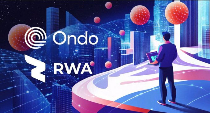 The image features the Ondo and RWA Inc logos set against a vibrant futuristic cityscape with a person using a laptop, visually representing Ondo's tokenized stocks being indexed on the RWA platform within an expanding onchain ecosystem.