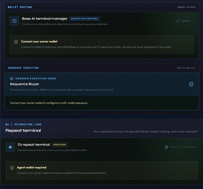 The image shows a dark-themed crypto trading interface with three main sections: "Base AI terminal manager" (Wallet Routing), "Sequence Buyer" (Sequence Execution), and "O1 repeat terminal" (Automation Lane), all labeled as "Encrypted Control" and "Owner Scoped." It relates to the post by displaying the tool from @Base_Aii that enables free, automated token trading on the $base chain through o1 Exchange terminals.