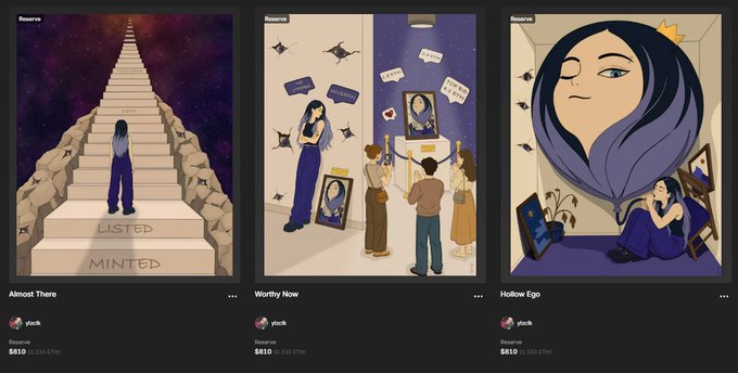 A screenshot of an NFT marketplace displaying three artworks from a 'Reserve' collection by 'ysick,' titled 'Almost There' ($810), 'Worthy Now' ($810), and 'Hollow Ego' ($810).
