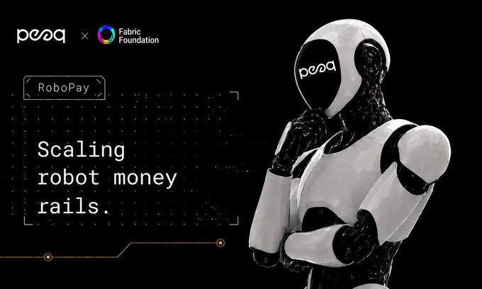 A sleek humanoid robot with the "peaq" logo on its face poses thoughtfully against a dark background, alongside text from peaq and the Fabric Foundation announcing their partnership on RoboPay. The headline "Scaling robot money rails" visually reinforces the post's message about expanding payment infrastructure for autonomous machines, with the contemplative robot imagery symbolizing robots now capable of real-world commerce.