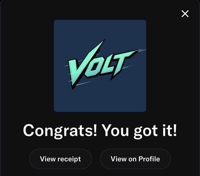 A mobile app notification screen displays a 'VOLT' logo with text reading 'Congrats! You got it!' and buttons for 'View receipt' and 'View on Profile'.