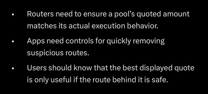 A black slide with white text reads: 'Routers need to ensure a pool's quoted amount matches its actual execution behavior. Apps need controls for quickly removing suspicious routes. Users should know that the best displayed quote is only useful if the route behind it is safe.'