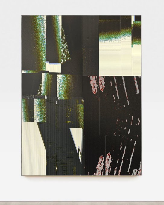 A large abstract painting composed of rectangular panels with black, iridescent green, beige, and textured pink elements mounted on a white gallery wall.