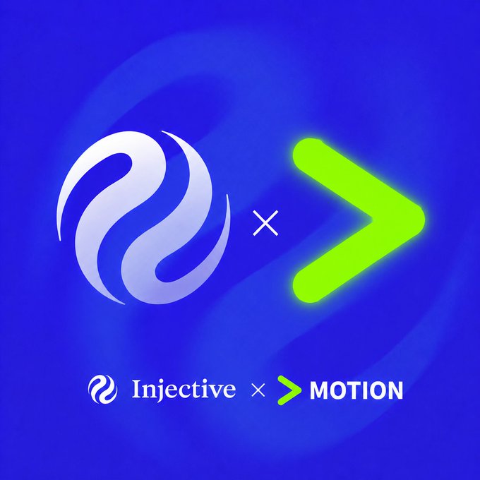 A promotional graphic on a blue background featuring the Injective and Motion logos with an 'x' between them, reading 'Injective x MOTION'.