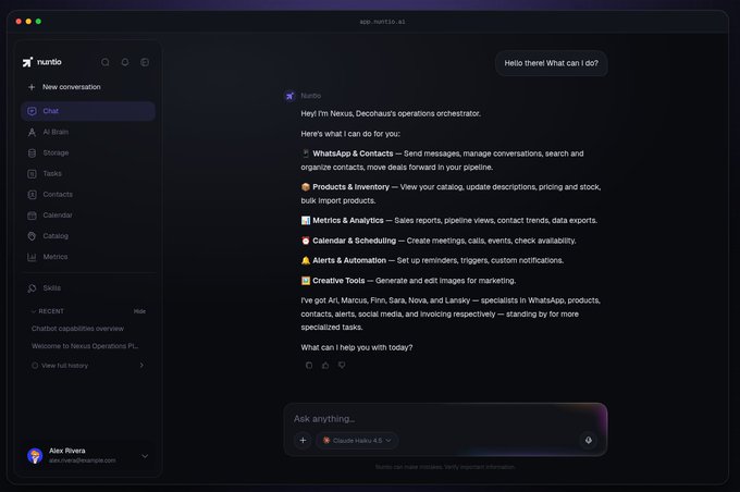 A screenshot of a Nexus AI chatbot interface called 'Nurbo' for a Decohaus operations orchestrator, listing capabilities including WhatsApp & Contacts, Products & Inventory, Metrics & Analytics, Calendar & Scheduling, Alerts & Automation, and Creative Tools.