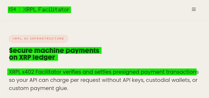 "In a photo of an xprl facilitator page, there's a small green border at the top and a big blue header that says 'secure machine payments on XRPL infrastructure'. The image has a white background with the text described in green and black."