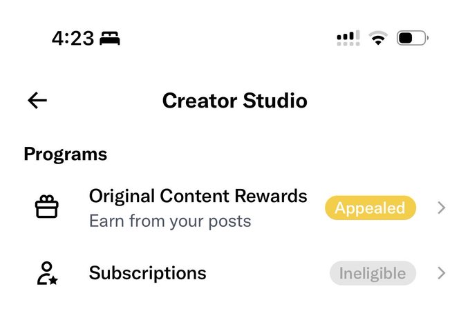 A screenshot of the "Creator Studio" shows the "Original Content Rewards" program marked with a yellow "Appealed" status, while "Subscriptions" displays an "Ineligible" label. The image supports the post's request for viewers to help manifest the approval of the Original Content Rewards appeal.