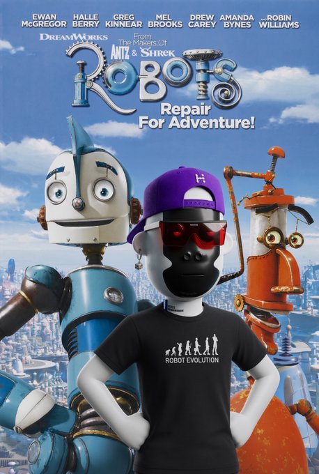 A movie poster for "Robots" parody, featuring a faceless mannequin wearing a "Robot Evolution" t-shirt, purple cap, and red sunglasses, with the tagline "Repair For Adventure!"