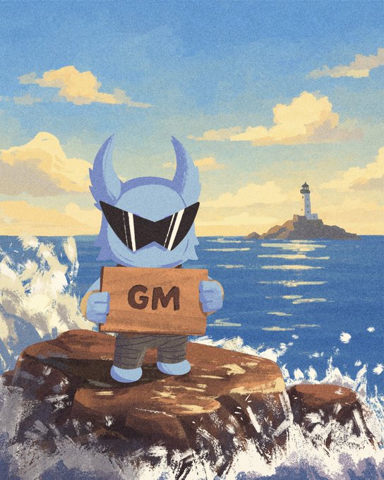 A blue horned character wearing sunglasses stands on a rocky cliff overlooking the ocean with a lighthouse in the background, holding a cardboard sign that reads "GM." The image visually represents the "gm" (good morning) post, with the sign reinforcing the friendly greeting against a serene seascape.