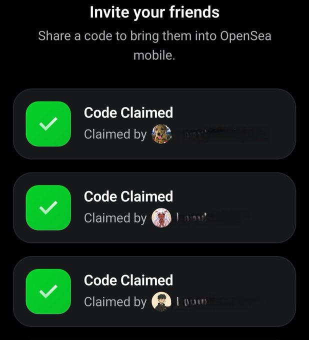 OpenSea mobile invite screen showing three invite codes that have been claimed, each marked with a green checkmark and the blurred profile of the user who claimed it.