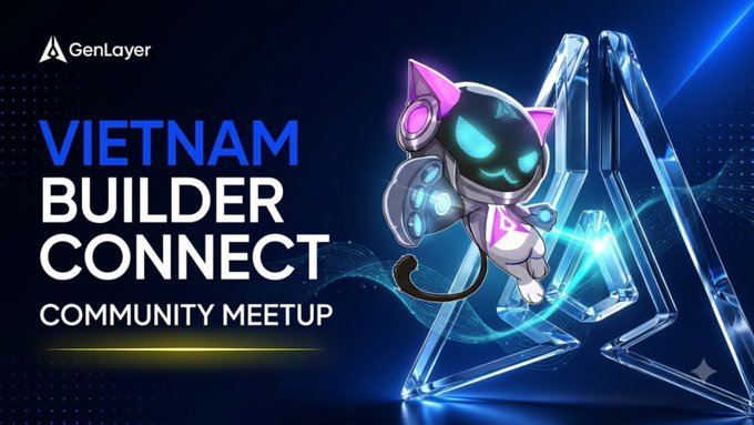 A promotional banner for the "Vietnam Builder Connect Community Meetup" featuring the GenLayer logo alongside a futuristic robotic cat mascot and glowing geometric shapes, advertising the joint event between GenLayer, Arc Vietnam Builders, and Rise In to explore AI and blockchain for the Vietnamese builder community.