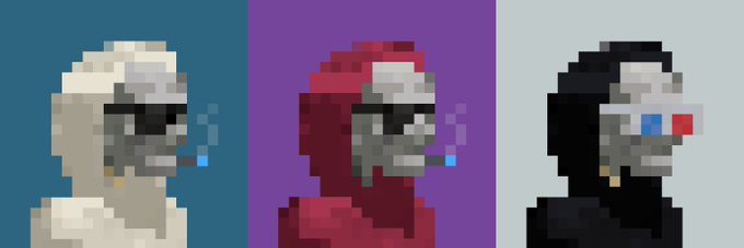 Pixel art illustration showing three side-profile figures wearing hoodies in white, red, and black, each wearing face masks and futuristic goggles with glowing accents.