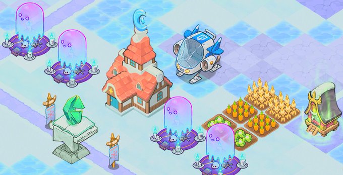 A vibrant Axie Infinity terrarium scene featuring a whimsical house with a curved roof, surrounded by glowing energy pods containing Axies, golden crystal crops, a futuristic mech Axie, and a green crystal monument, all set on a checkered pastel landscape. The colorful setup showcases the player's customized in-game sanctuary filled with rare collectibles and decorative elements.