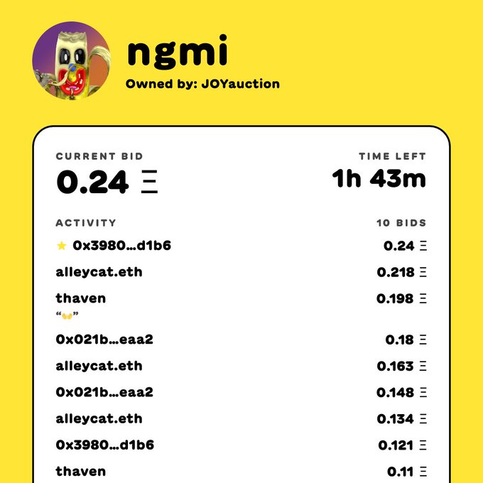A yellow-themed NFT auction listing for 'ngmi' (Owned by: JOYauction) showing a current bid of 0.24 ETH with 1h 43m remaining, listing activity from bidders including alleycat.eth, thaven, and 0x3980…d1b6.