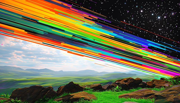 A vibrant digital landscape showing a grassy field with rocks beneath a sky split between realistic clouds and colorful glitch-like streaks against a starry background.