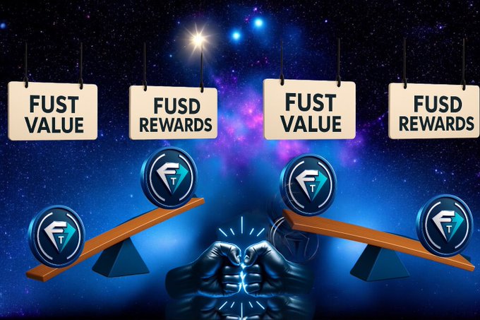The image shows four stacks of blue diamonds, each stacked above a pair of hands holding a silver coin symbolizing the rewards they have received through their hard work or achievements. The coins are placed on a scale with "FUSD REWARDS" written below them. Below this, there is a sign labeled "FUSD Value". This indicates that these diamonds represent the value gained from the rewards in FUSD terms.