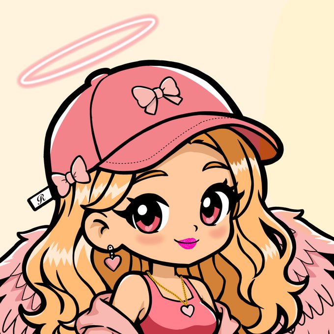 A cartoon illustration of a chibi-style girl with blonde hair, wearing a pink cap with a bow, a pink top, and a golden halo floating above her head.