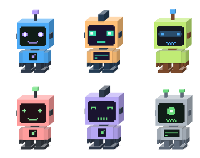 Six colorful pixel-art robot characters arranged in two rows, each featuring a cute face on a digital screen and an antenna on top, in blue, orange, green, pink, purple, and gray colors.