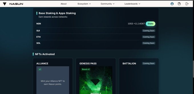 A screenshot of the NASUN platform showing 'Base Staking & Apps Staking' options including NSN, SUI, ETH, and SOL, along with NFTs Activated section.