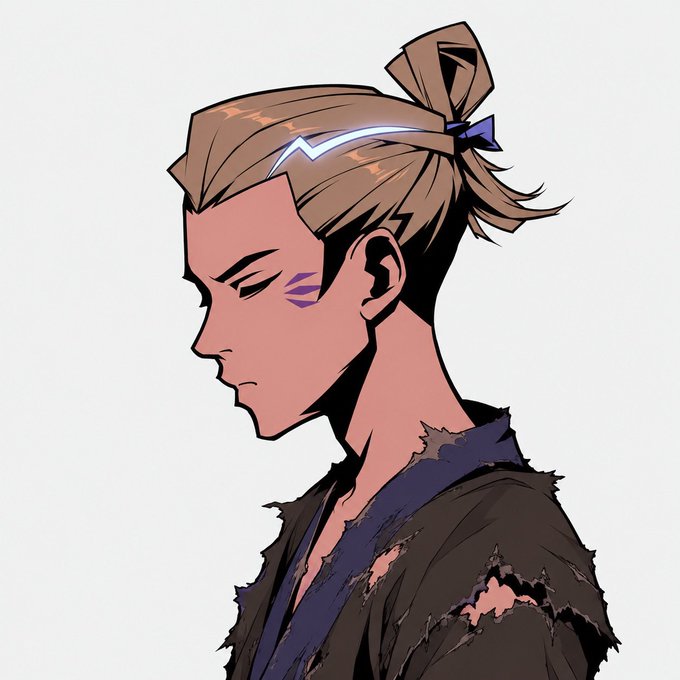 A stylized illustration of a character with blonde hair tied in a topknot, purple face markings, wearing torn dark clothing, shown in profile view.