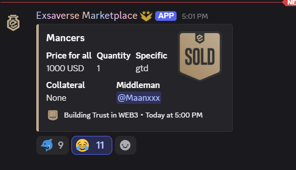 A Discord message in the Exsaverse Marketplace shows a "Mancers" item that sold for 1000 USD, marked as "SOLD" — shocking the user given the high price tag for the item.