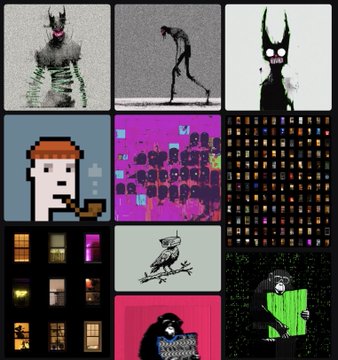 The image is a collage of nine separate dark, surreal, and pixel-art style artworks, including figures, an owl, and abstract designs in predominantly black and neon colors. The post references "InkField" by Transient Labs, indicating the collage is likely a showcase or collection display of NFTs from this series on the Ethereum blockchain.