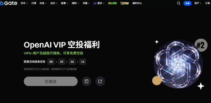 A promotional banner for an OpenAI VIP airdrop event on the Gate.io platform, running from 2026/07/13 to 2026/07/17 with a 3-day countdown timer.