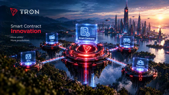 A futuristic sci-fi cityscape promotional graphic for 'TRON Smart Contract Innovation' featuring floating platforms labeled DeFi, Smart Contracts, NFTs, Gaming, and Governance.