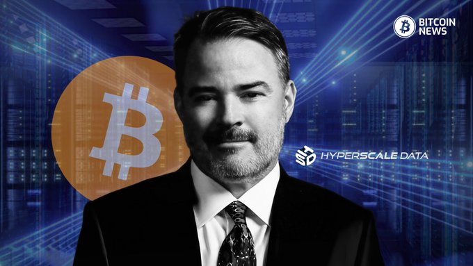 The image shows a man in a suit, likely a Hyperscale Data executive, alongside a large Bitcoin logo and the Hyperscale Data company name. The accompanying post reveals Hyperscale Data holds 220 Bitcoin ($19M) plus $37.4M in cash, with the company pivoting from mining to AI colocation while retaining its crypto holdings.