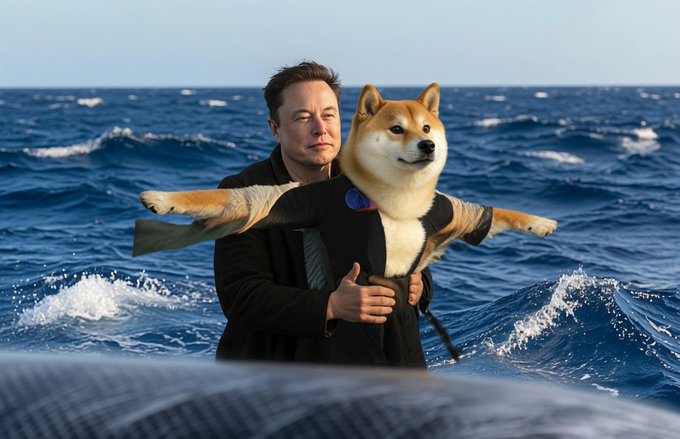 Elon Musk is depicted holding a Shiba Inu dog with its arms outstretched, mimicking a famous scene from the movie Titanic, likely imagining the power and potential of Dogecoin. The post "Grok Imagine." ties into this by suggesting the viewer to envision possibilities, just as the image presents a speculative scenario.